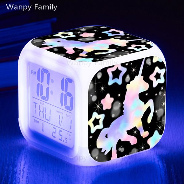

cartoon unicorn alarm clock led digital alarm clocks child kids student desk clock 7 color changing night light gift
