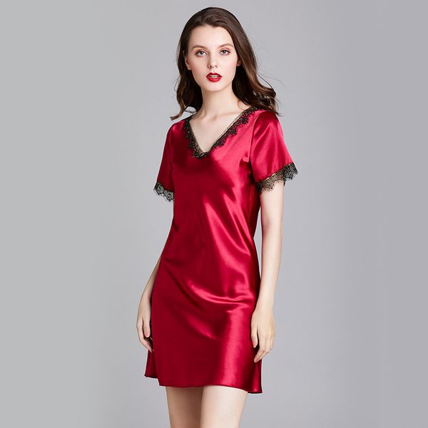

summer pajamas women silk ladies short sleeve sleepwear dresses nightdress nightgown lace satin sleepshirts plus size s-xl, Black;red