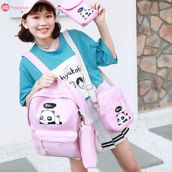 

4pcs/set canvas women backpack girls cute panda print student school backpack shoulder teenagers girls bagpack mochila feminina