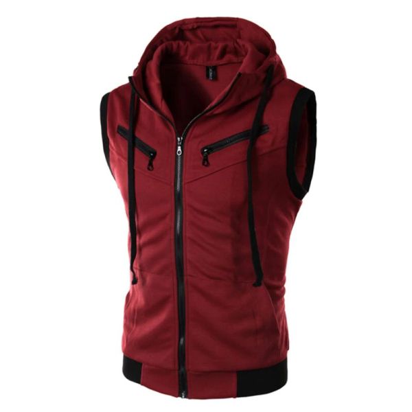 Gilet con cappuccio da uomo Moda maschile Giacca senza maniche Tasca con cerniera Gilet Casual Gilet da uomo in cotone Plus Size XXXL Capispalla da uomo rosso