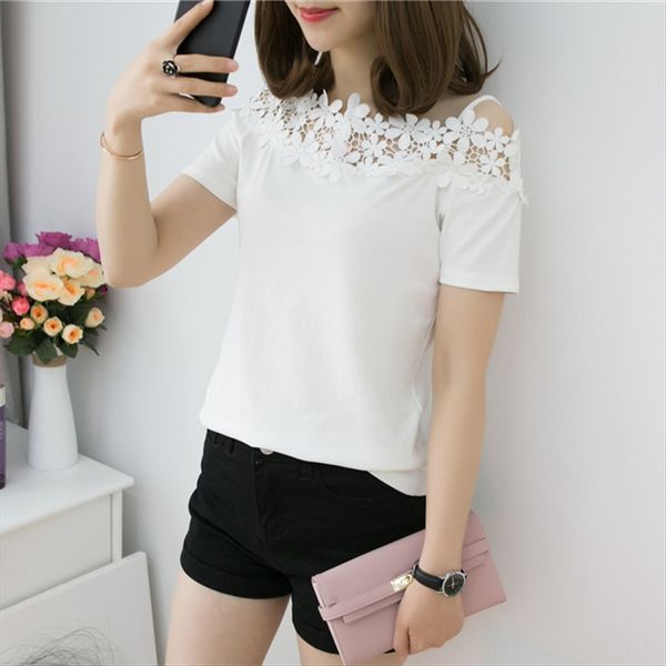 

2019 women's short-sleeved t- with one-line collar women's solid color lace strapless hipster t- shirt lace shirt blouse, White