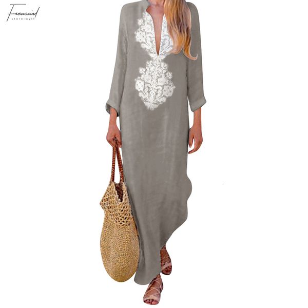 

мода летнее платье женский женщины белье хем отпечатано с длинным рукавом v-образным вырезом платья макси сплит багги кафтан длинное платье, Black;gray