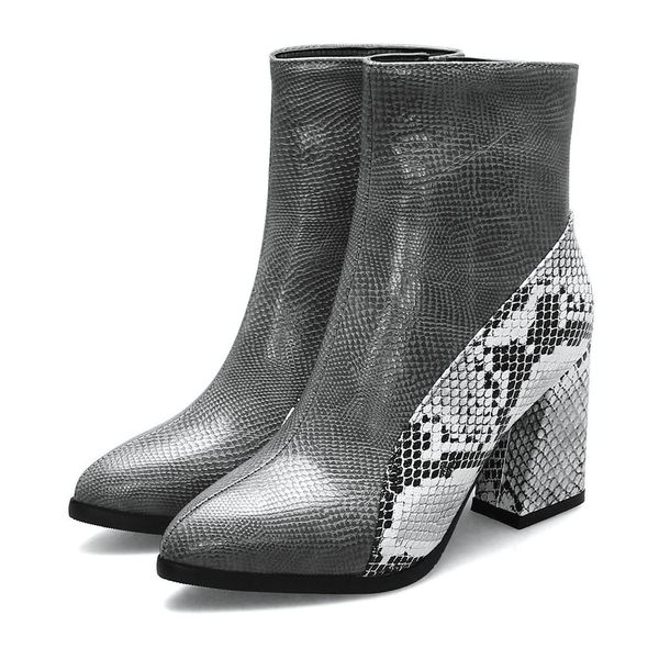 

waterproof women pointed high-heeled boots snake pattern shoe fashion ankle pointed thick heel large size winter warm ankle boot, Black