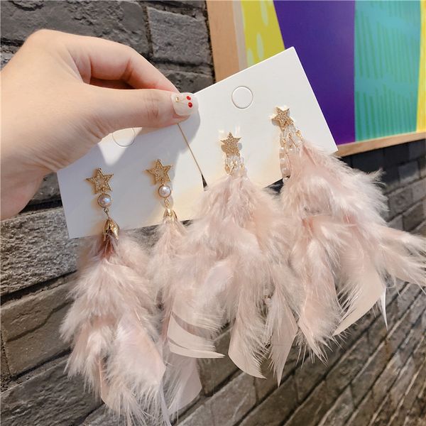 

shiny side new fashion brand jewelry crystal star stud earrings for women gift elegant feather long earrings, Golden;silver