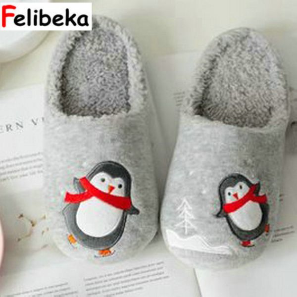 

felibeka winter dance scarf penguin and slipper lovers waterproof indoor floor thermal plush home shoes women slippers, Black