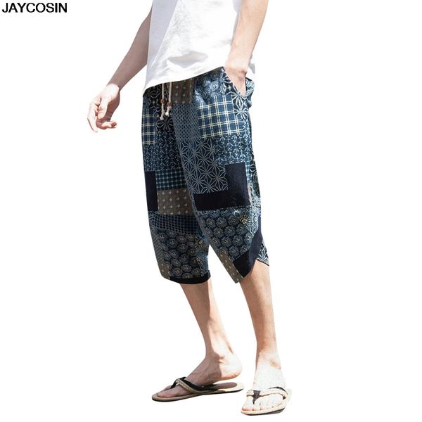 

klv men's pants summer wide-breasted harem cotton linen wide-leg pajamas loose cropped trousers baggy 9501, Black
