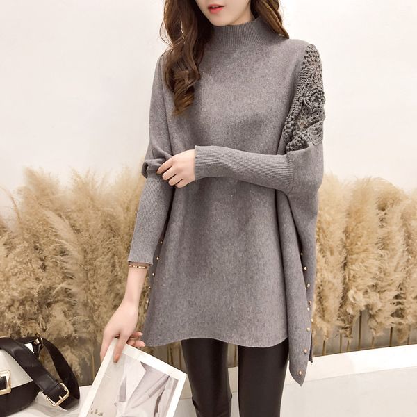 

batwing sleeve high neck beaded sweater knit-shirt new loose and thickened solid color pullover for women in autumn winter 2019, White;black