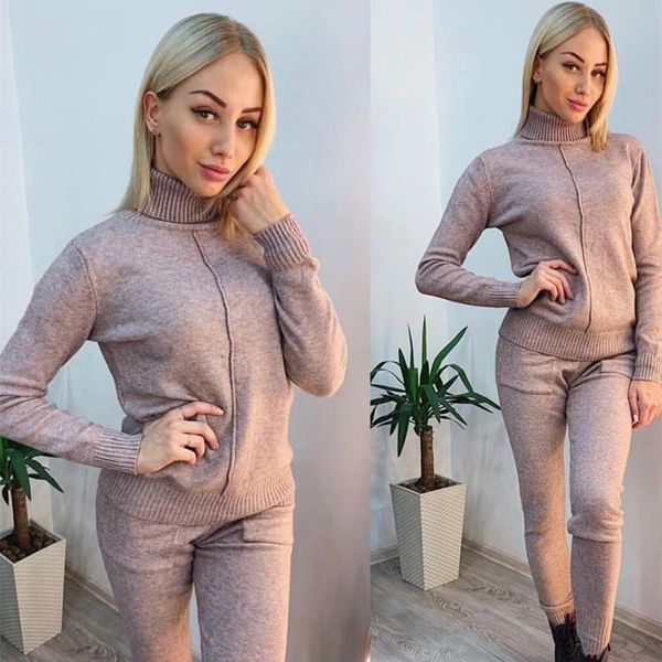 

women's knitted tracksuit 2019 autumn winter turtleneck sweater long pants 2 piece outfits for women knitting sportwear sets, White