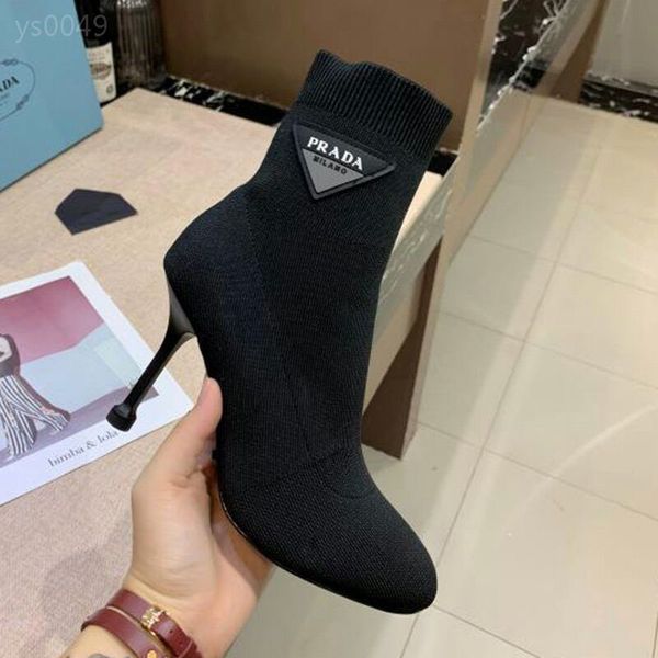 

european and american short boots women's stiletto high-heeled retro boots women's spring and autumn 2020 new round head knitted b, Black