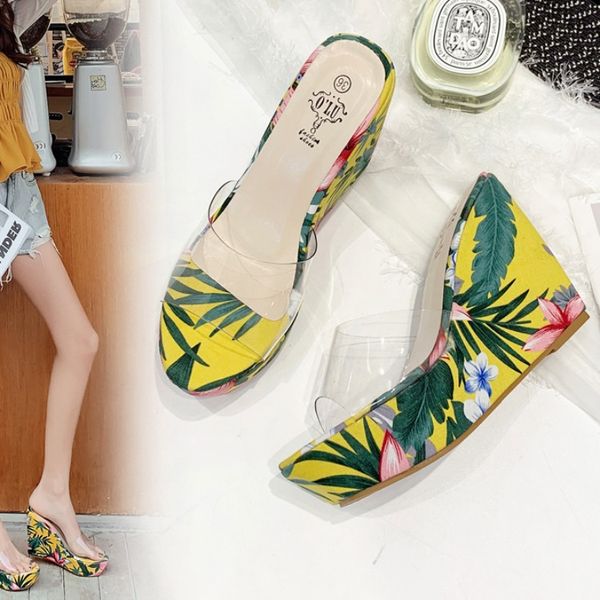 

slippers women summer transparent heel women's shoes with platform pantofle low heeled mules on a wedge slides 2020 heels sexy, Black