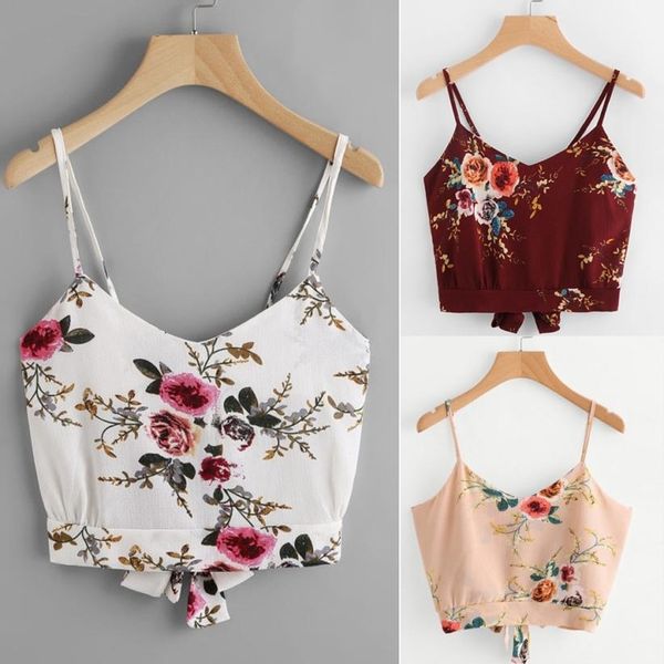 

tank tank t shirt self back v neck floral print crop cami camisole summer for women ma7, White