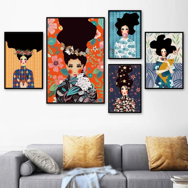 

girl flower fish balloon figure wall art canvas painting vintage posters and prints decoration pictures for living room decor