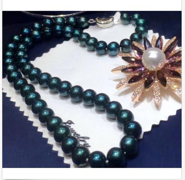 

2018 10-11mm tahitian round black green pearl necklace 18inch 925s, Silver