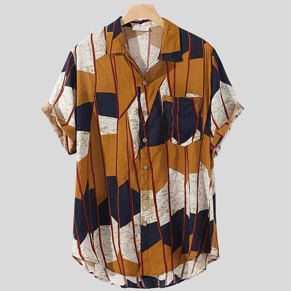 

shirt men multicolor lump chest pocket short sleeve round hem loose cotton linen hawaiian shirts blouse streetwear sale, White;black