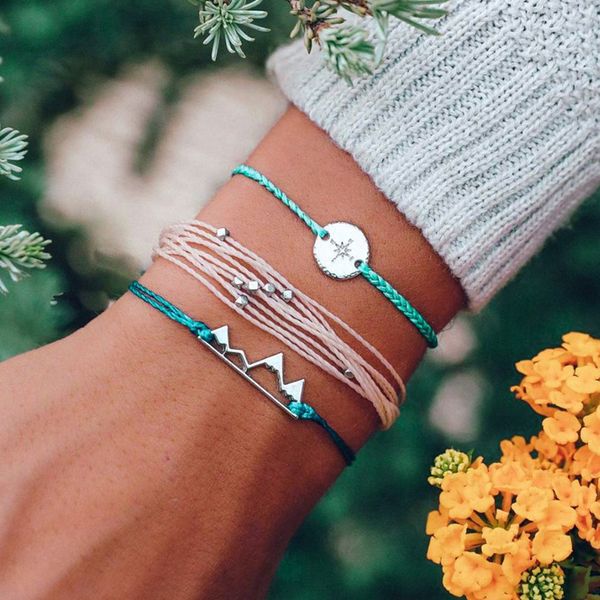 

3 pcs/set women's fashion silver compass mountains geometry beads braided rope bracelet bohemian retro jewelry accessories, Black