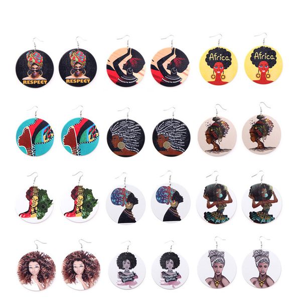 

new printing african femal portrait wooden earrings colorful afro head eardrop wood round charm pendant hoop earring for women jewelry gifts, Silver