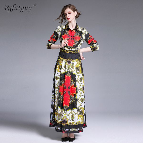 

new 2019 designer runway long sleeve big swing dress women's shirt collar hit color floral print vintage long pleated dresses, Black;gray