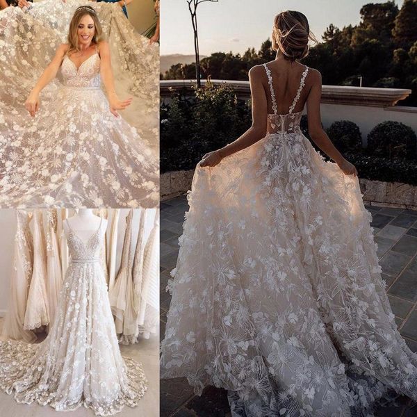 

3d floral appliqued berta 2020 wedding dresses spaghetti v neck lace bridal gowns plus size sweep train beach garden wedding dress 4621, White