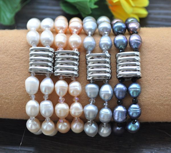 

d0455 2row 8" 12mm rice pearl faceted crystal bracelet magnetic, Golden;silver