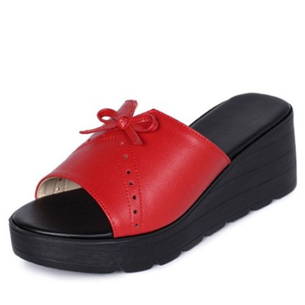 

sandals 2021 summer elegant bow genuine leather slippers women's high heel wedge increase shoes women large size, Black
