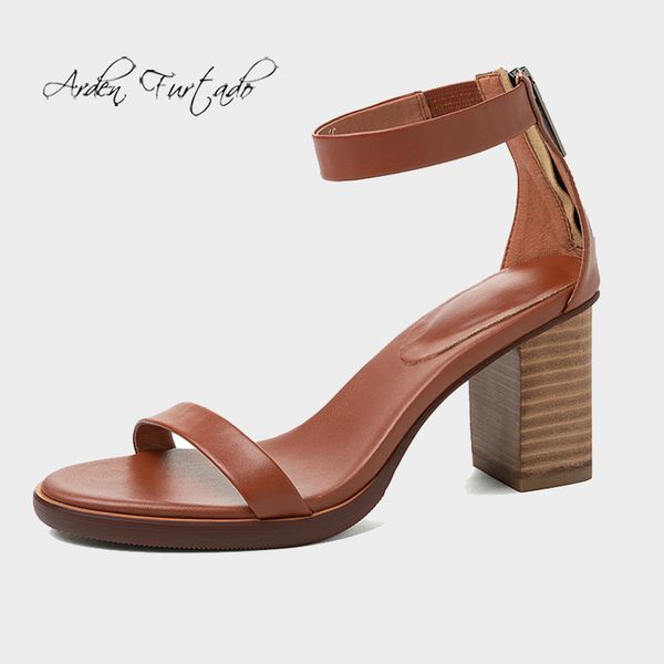 

sandals arden furtado summer fashion trend women's shoes chunky heels zipper classics leather elegant pure color brown, Black