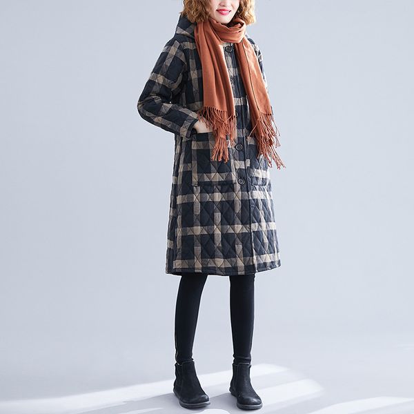 

2019 winter new style large size dress thick cotton-padded jacket artistic mid-length warm coat cotton linen cotton-padded cloth, Blue;black