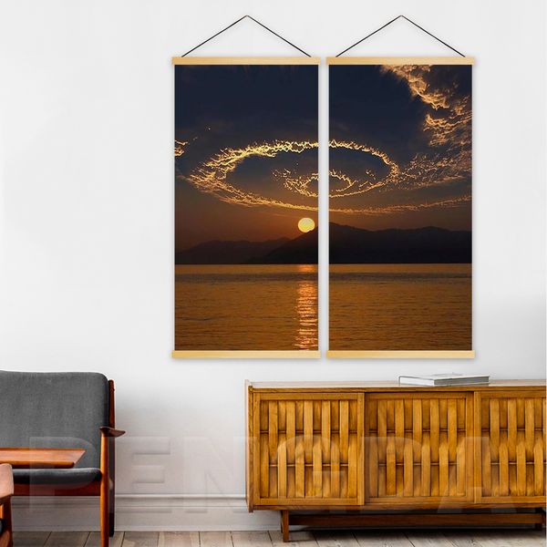

canvas print modern home decoration 2 piece sunset landscape picture solid wood hanging scroll painting wall art for living room