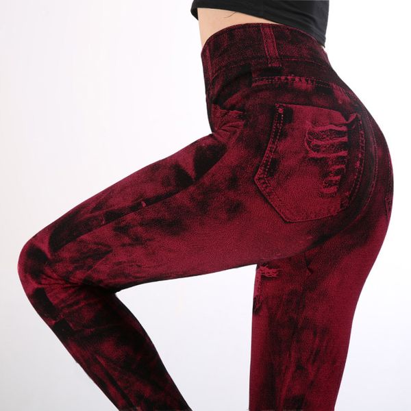 

новая мода женщина леггинсы плюс размер 2019 новый jeggings печать мок карманы и hole тонкие джинсы леггинсы женские узкие брюки, Black