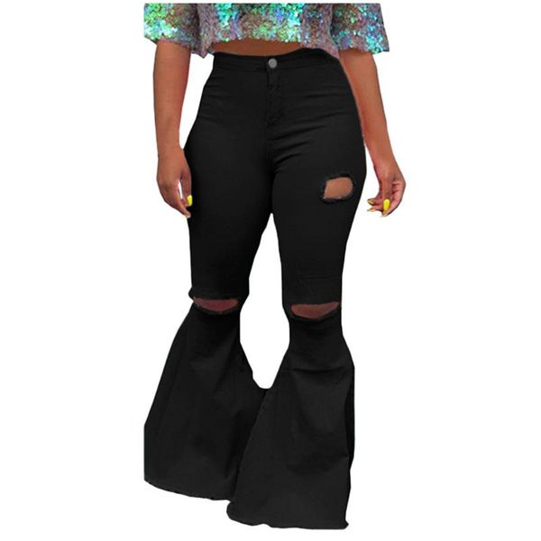 

women lady fashion hole zipper wide leg pants boot cut pant jeans trousers, Blue