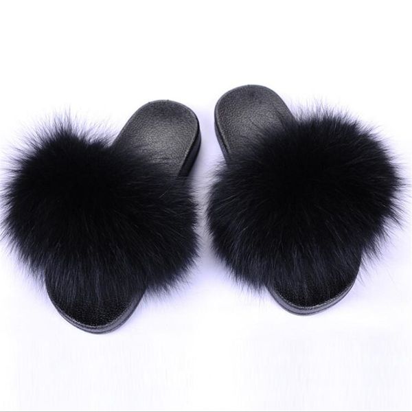 

coolsa women winter fluffy fox fur slides ladies cute plush fur slippers non-slip indoor flip flops drop shipping women slippers mx200425, Black