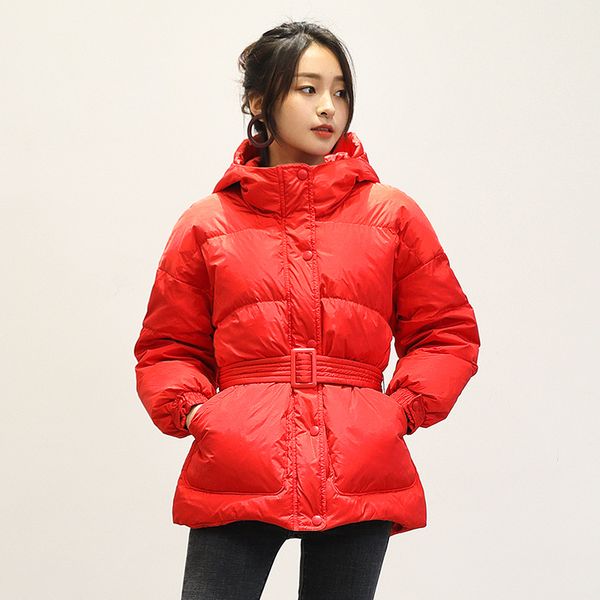

thick warm short women down jacket with belt duck down filling hooded women winter coat oversize loose female parkas g735, Black