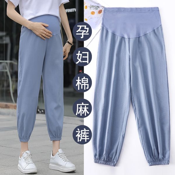 

9201# maternity pants summer ninth pants loose support abdomen elastic waist belly support, White