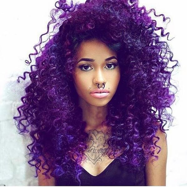 Purple Color Afro Kinky Curly Hair Wigs Lace Front Wig Synthetic