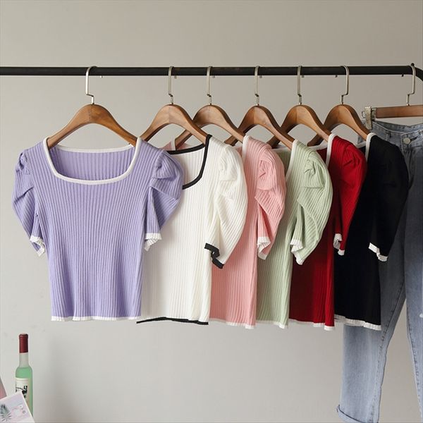 

omallay] running contrast color bubble sleeve square collar knitted t-shirt without pilling 4191 [omallay] running contrast color bubble sl, White