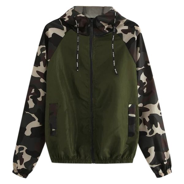 

camouflage jacket women hoodies coat autumn long sleeve patchwork hooded zipper pockets jackets casual sport coat chaqueta mujer, Black;brown