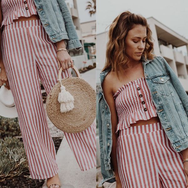 

2019 feitong women set лето изысканный красный повседневная без рукавов полоса кнопка обернутый грудь длинные брюки костюм набор, White