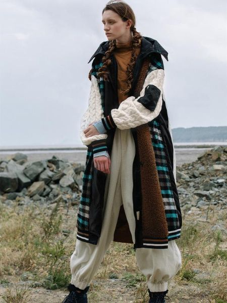 

original design aigyptos autumn winter women casual loose long down hooded personality plaid wool patchwork jacket woolen coat, Black