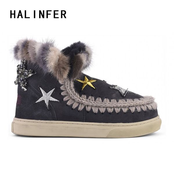 

halinfer stars&mink winter women snow boots sheepskin girl's wedge ankle boots zapatos mujer, Black