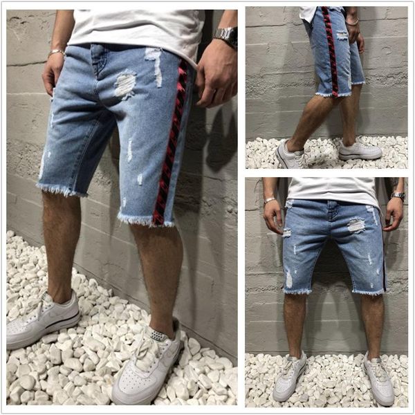

mens summer jean shorts pants fashion casual denim blue ripped draped half shorts, White;black