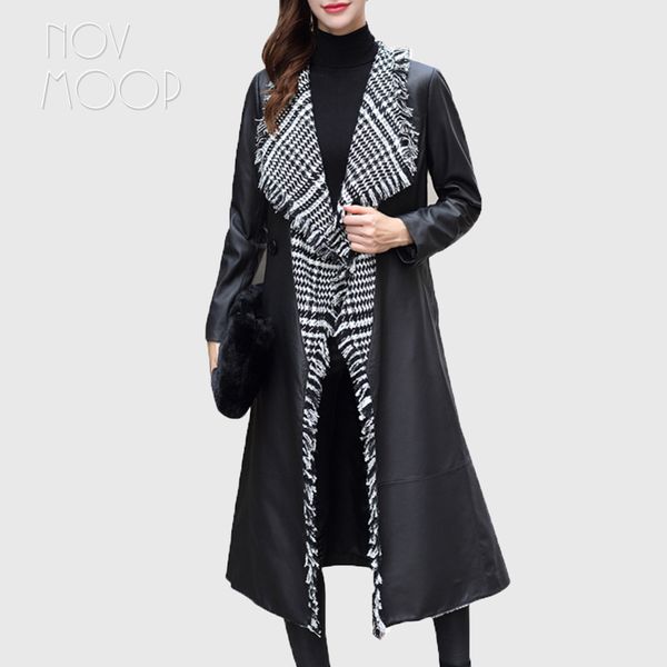 

korean style women black white woolen collar genuine leather lambskin long coat windbreaker tie waist outwear casaco ropa lt2708