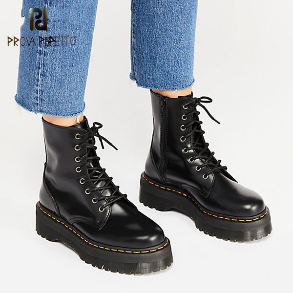 

prova perfetto patent leather ankle boots women lace up platform boots women winter warm plush street style shoes, Black