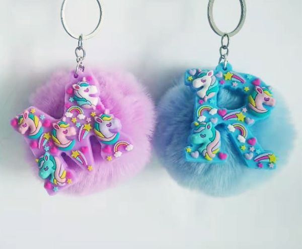 

keychain fluffy fur pompom letter unicorn keychains gift keyring imitation hair key chain bag purse hang decor, Silver