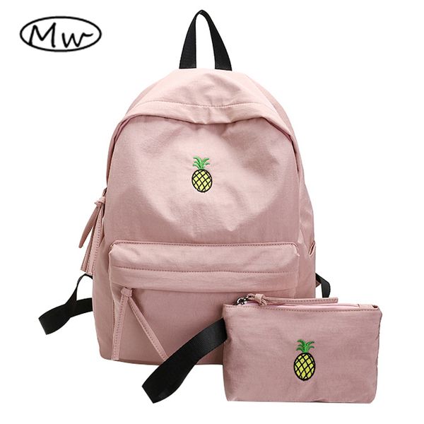 

moon wood women pink backpack waterproof fruit pineapple embroidery backpack 2 pcs/set high college school students shoulder bag