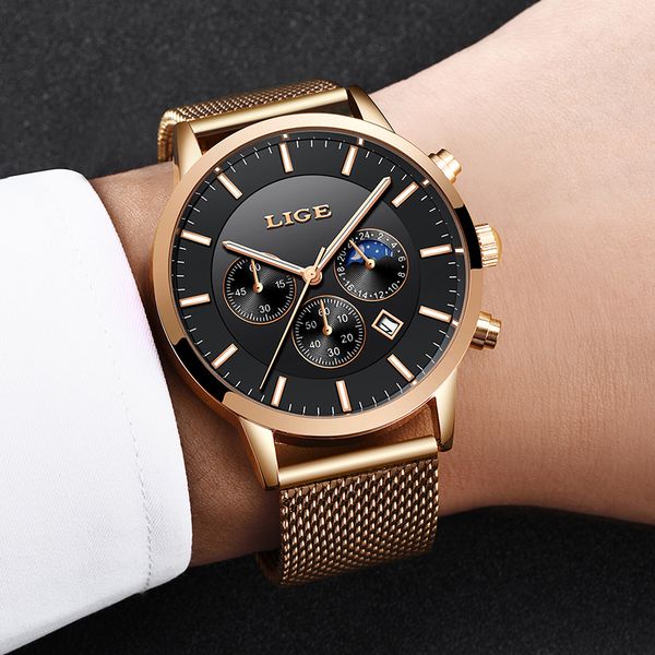 

2018 new lige mens watches brand luxury business watch waterproof sports quartz clock fashion moon phase gold gift watch men c18122801, Slivery;brown