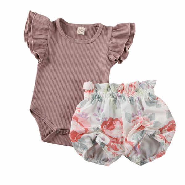 

0-24m summer cute toddler kid baby girl clothes set ruffles sleeve romper floral shorts suit elegant cute floral outfit, White
