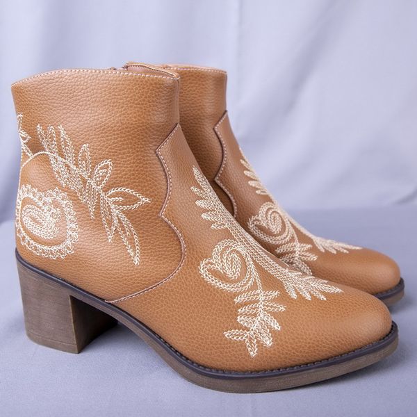 

lace embroidery short boot boots round toe ankle boots lady stylish autumn winter high heel femal shoes women, Black