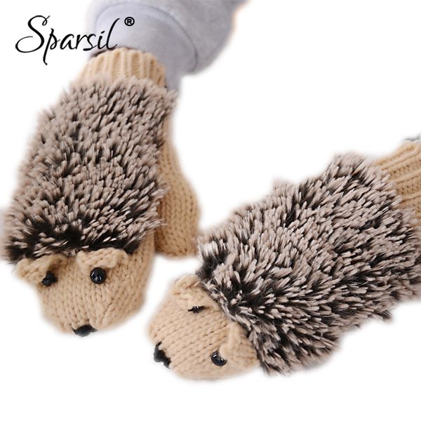 

sparsil women winter cartoon glove hedgehog wrist knit mittens warm thick gloves female cute all-fingers heated villus gloves, Blue;gray