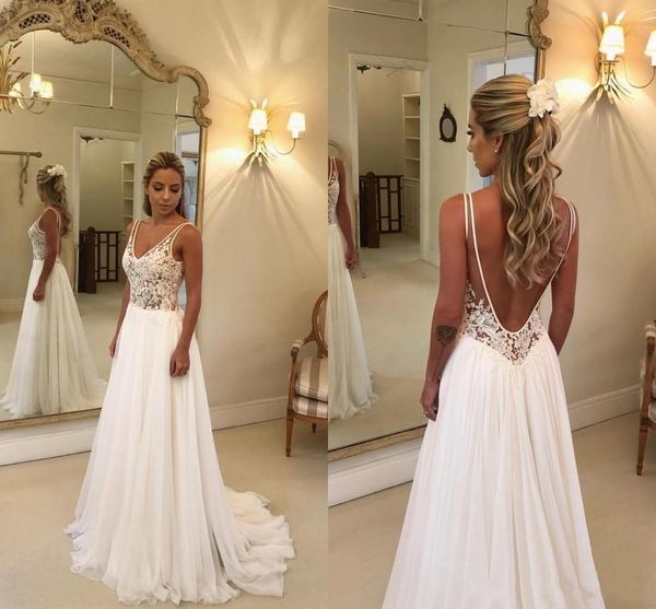 

Cheap Beach Wedding Dresses Lace Appliqued V Neck A Line Sexy Backless Boho Wedding Dress Sweep Train Custom Garden Bridal Gowns