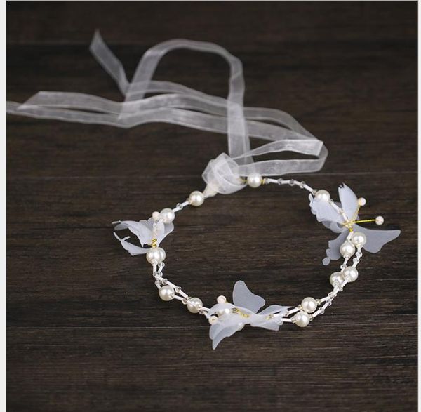 

white butterfly pearl hair belt children's dresses accessories with pearl children's headwear, Slivery;golden