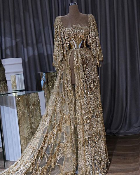 

elegant gold high split sequined prom dresses 2020 square collar half sleeve prom gowns court train plus size party dress, White;black